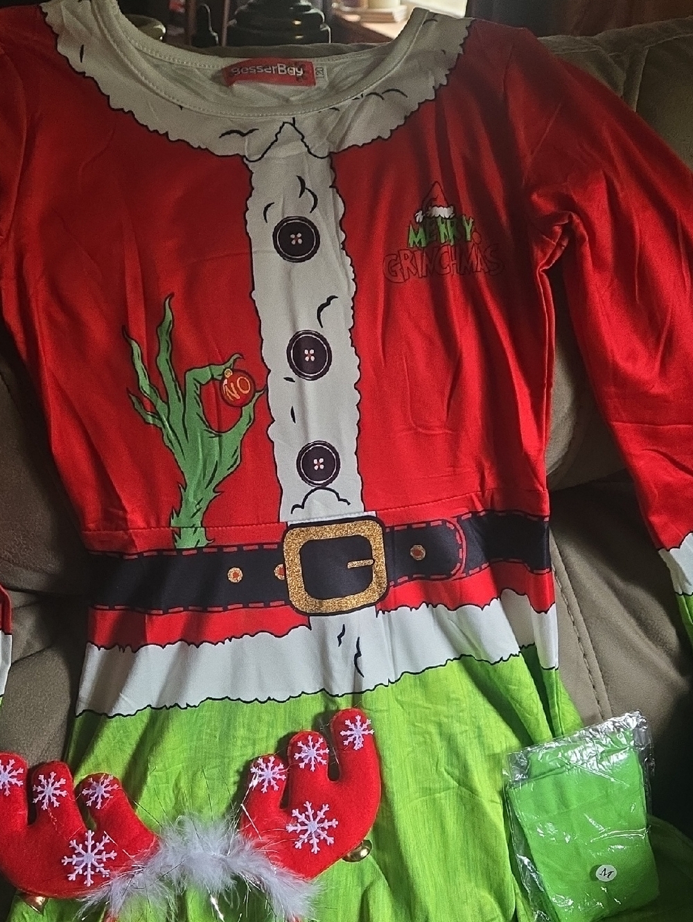 Santa-Style Grinch Kids Costume Dress - Red & Green Set